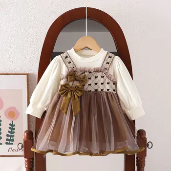 2023 Новое модное сетчатое платье принцессы с бантом для маленьких девочек на День рождения, детские весенне-осенние платья, детская одежда Vestidos