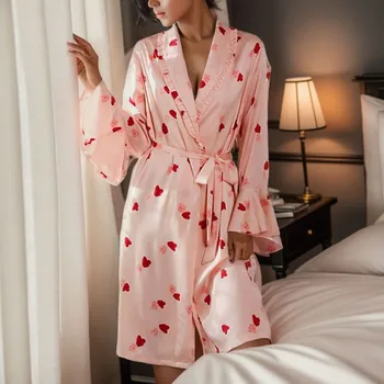 Женская ночная рубашка с принтом Ice Silk Love, пижама, кардиган, домашняя пижама для купания, халаты, женская пижама для сна, одежда 16