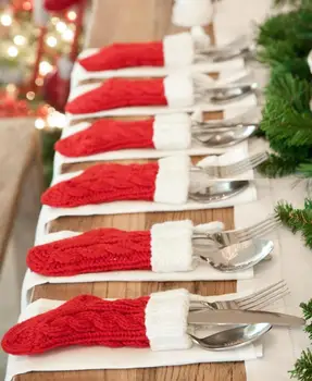 Рождественские держатели для посуды, Красные вязаные Рождественские чулки, чехлы для ножей и вилок, для украшения новогодней вечеринки в честь Дня Благодарения 11