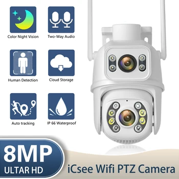 8-Мегапиксельная 4K PTZ WIFI камера с двойным объективом и двойным экраном с автоматическим отслеживанием Ai Human Detect Беспроводная камера наружного наблюдения iCSee App 4