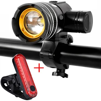 Комплект велосипедных фонарей USB Аккумуляторная батарея Регулируемый зум Велосипедная передняя фара Велосипедный фонарь с задним фонарем Велосипедный фонарь 10