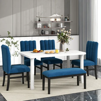 Обеденный стол из 6 предметов, стол из мраморного шпона и 4 обеденных стула с байковой обивкой и скамейка (белый + синий) 6