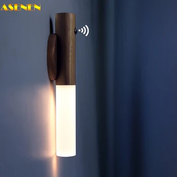 Светодиодный магнитный ночник, деревянный настенный светильник Usb, Беспроводной датчик движения под шкафом, светодиодные лампы для освещения кухни, шкафа, спальни. 15