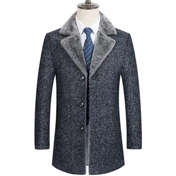 Мужское зимнее шерстяное пальто, мужская Новая Флисовая утепленная ветровка, однотонная приталенная длинная куртка для мужчин, облегающая фигуру