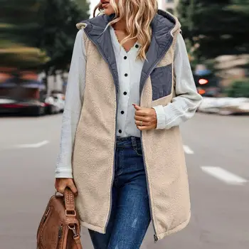 Флисовая куртка без рукавов с капюшоном, универсальное женское двустороннее жилетное пальто с капюшоном и флисовой подкладкой средней длины, однотонное для тепла 2