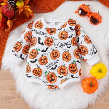 Пуловер с тыквенным принтом на Хэллоуин для маленьких мальчиков и девочек, комбинезон, толстовка для новорожденных, детские рубашки с длинным рукавом для мальчиков