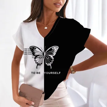 Женская футболка Оверсайз с 3D Абстрактным рисунком Бабочки, Уличная Одежда с короткими рукавами в стиле Хип-Хоп Рок, Винтажная Одежда Для девочек, Топы с V-образным вырезом