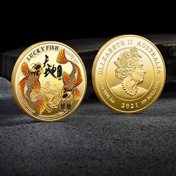 Коллекционные монеты Великобритании, Памятная монета королевы, Koi, Австралия, Позолоченная памятная монета с трехмерным рельефом 4