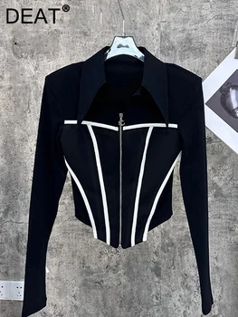 Модный Тренд, Контрастные Цветные Полосатые Куртки в стиле пэчворк, женские эластичные Тонкие пальто с лацканами и двойной молнией, дизайнерское пальто 2023, Летняя новинка 11XX2144