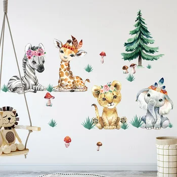 Наклейки на стену с акварельными рисунками животных Африки, пастбищ, для детской комнаты, украшения детской комнаты, наклейки с изображением слона и жирафа 9