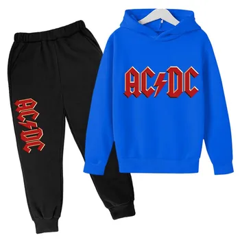 Детский комплект с капюшоном с принтом AC DC, топ + брюки, толстовка, подходящая для мальчиков и девочек 3-12 лет, осенняя повседневная одежда 8