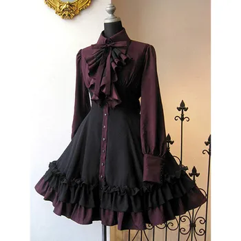 Осенняя элегантная Лолита 2023, черные готические женские платья в стиле Лолиты, воротник-бабочка большого размера, плиссированное платье Jurken в готическом винтажном стиле со шнуровкой
