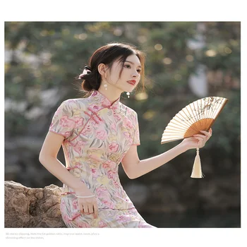 Розовая основа, улучшенная девушка, чонсам, 2023, летнее новое литературное тонкое высококлассное темпераментное платье 1
