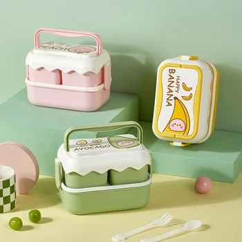 Симпатичный двухслойный ланч-бокс для детей Bento Box с отделениями Контейнер для хранения продуктов в микроволновой печи для пикника в школе 1