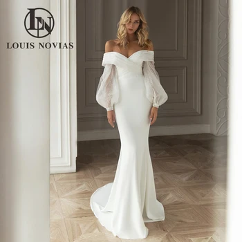 Свадебное платье Русалки LOUIS NOVIAS 2023 с открытыми плечами, съемный пышный рукав, милое блестящее атласное свадебное платье Vestidos De Novia 3