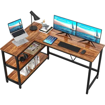 L-образный письменный стол GreenForest 51x35,4 дюйма, реверсивный угловой компьютерный игровой стол с полками для хранения, ореховый орех 1