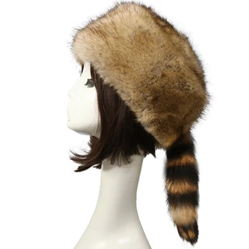 Женская круглая шляпа с плоским верхом из искусственного меха, утолщенная, сохраняющая тепло шапка с хвостом из мохнатого искусственного меха
