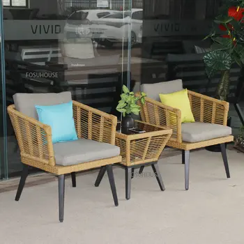 Скандинавский ротанговый стул Уличная мебель из трех частей для балкона, стола для отдыха во внутреннем дворе, комбинированного садового уличного стула 13