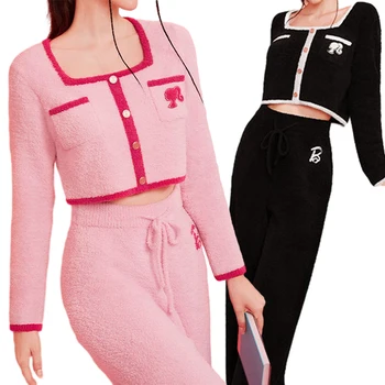 Каваи Барби, 2 предмета, женская домашняя одежда, костюм в стиле Аниме, Теплое осенне-зимнее повседневное пальто в стиле ретро для девочек, брюки с высокой талией, пижамы 7