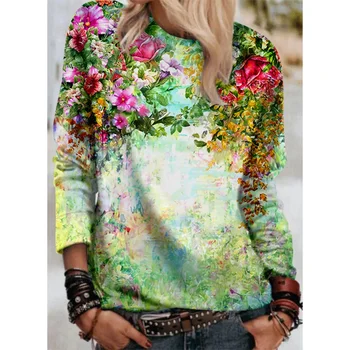 Женская футболка с 3D-принтом в цветочной тематике и цветочным 3D-принтом Подсолнуха с круглым вырезом, базовые топы с длинными рукавами 9