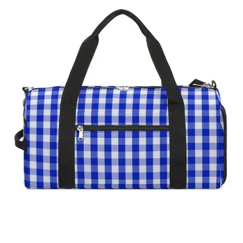Синие и белые спортивные сумки в клетку в стиле ретро в клетку с обувью, спортивная сумка Oxford, изготовленная на заказ, Тренировочная забавная сумка для фитнеса 12