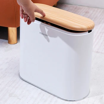 Кухонное мусорное ведро Нажмите, чтобы открыть корзину для мусора, Встроенный диспенсер для мусорного ведра с пряжкой, узкий тонкий водонепроницаемый для журнального столика в ванной комнате 7