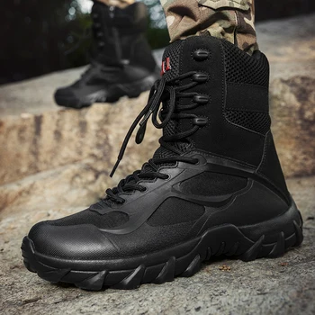 Мужские военные кожаные ботинки до щиколотки, армейские ботинки для пустыни, треккинговые ботинки на шнуровке и боковой молнии с высоким берцем для активного отдыха 4