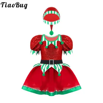 Детский костюм эльфа для девочек на Рождество и Хэллоуин, косплей, Рождество, Новый год, Платье Санта Клауса, блестки, помпоны, сетчатое трико, пачка со шляпой