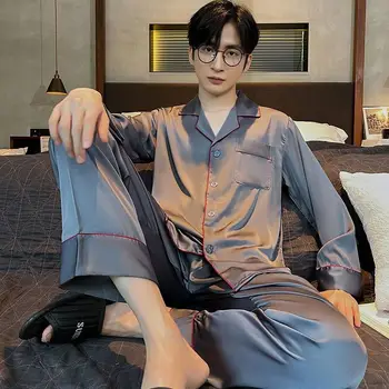 Новая мужская пижама Ice Silk, брюки с длинными рукавами, свободный весенне-осенний шелковый домашний костюм большого размера из тонкого сечения 2