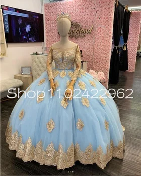 Небесно-голубые платья для девочек в цветочек цвета шампанского, иллюзия, Мини-пышные платья Gillter с длинным рукавом, Кружевная аппликация, платье принцессы 2