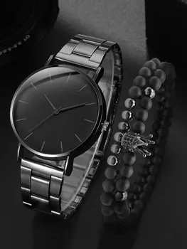 3шт Модных универсальных мужских кварцевых часов с простым стальным ремешком + Набор браслетов из бисера с бриллиантовой короной 4