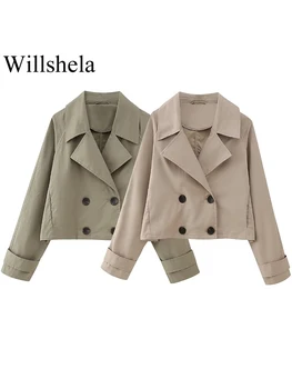 Willshela, Женская Модная Укороченная Двубортная куртка-тренч, Винтажный вырез с длинными рукавами, Шикарные женские пальто 2