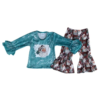 Комплект с длинными рукавами и рисунком Санта-Клауса для маленьких девочек, бутик рождественских нарядов, осенне-зимняя одежда для девочек 5