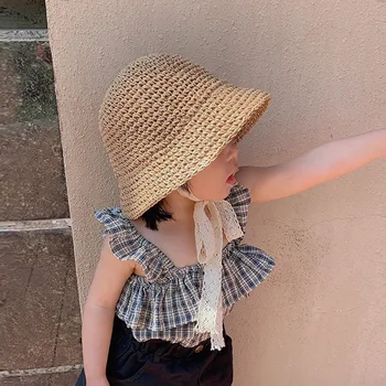 Летняя пляжная Солнцезащитная детская модная шляпка для маленьких девочек с милыми кружевными бретельками, солнцезащитная шляпка для путешествий, милая девушка
