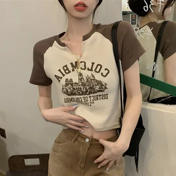 harajuku Простой укороченный топ с буквенным принтом, Женская Повседневная футболка с коротким рукавом, Летняя сексуальная тонкая короткая футболка для молодых девушек, корейская одежда 1