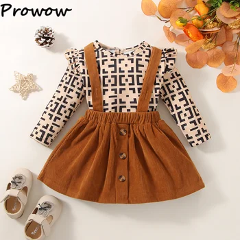 Prowow, осенне-зимние комплекты для маленьких девочек, боди с принтом в стиле ретро + коричневая вельветовая юбка, модные комплекты одежды для новорожденных, комплекты одежды