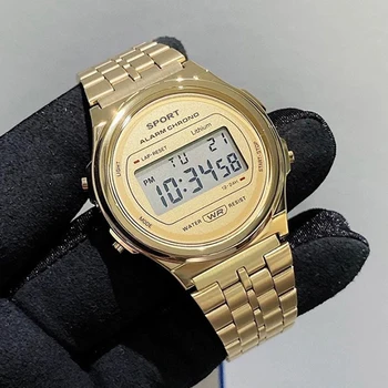 Мужские часы F91W из нержавеющей стали, светодиодный Роскошный ремешок, Водонепроницаемые Цифровые Спортивные Военные Круглые часы, Мужские Электронные наручные часы, Часы