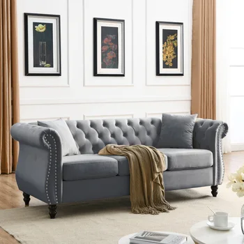 80-дюймовый Бархатный диван Chesterfield для гостиной, 3-местный диван с Хохлатыми Подлокотниками и головкой для гвоздей для гостиной 4
