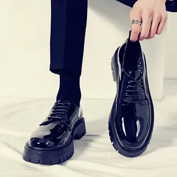Мужские туфли-оксфорды, мужская офисная обувь из лакированной кожи, мужская официальная обувь, черные кожаные туфли на шнуровке, повышенного качества