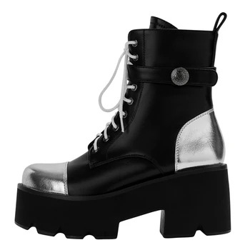 Модные мотоциклетные ботинки Женская обувь на платформе со шнуровкой, на толстом каблуке с круглым носком, смешанные цвета, черные и серебристые женские ботильоны 12