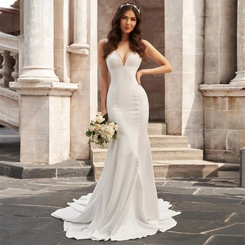 2023 Элегантные свадебные платья русалки с бретельками и открытой спиной для женщин, сексуальное пляжное платье невесты из крепа, свадебные платья Vestido De Noiva 7