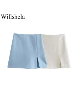 Willshela Женские модные Однотонные мини-юбки на молнии с боковым разрезом, Шорты, винтажные женские шикарные шорты с высокой талией 12