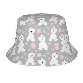 Щенок Вест-Хайленд-Уайт-терьера и розовые цветы, панама, мужская и женская мода, летняя солнцезащитная кепка Westie для собак и рыбаков 1