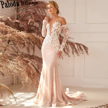 Paloda Изящное Свадебное платье с кружевными аппликациями для невесты с объемными рукавами и шлейфом в стиле Русалки Vestidos De Novia Brautmode 3