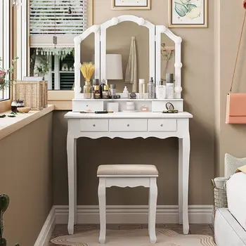 Туалетный столик с подсветкой, Складывающееся зеркало и табурет-подушка для макияжа Новый 4