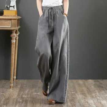 Wenyi-Свободные широкие брюки с завышенной талией и прямой подкладкой из хлопчатобумажного полотна 5