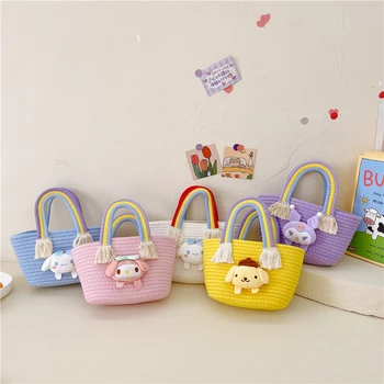 Плетеная сумка Sanrio Kawaii Cinnamoroll, мультяшная соломенная плетеная сумочка большой емкости, Радужное облако, детская сумочка, милый подарок 1