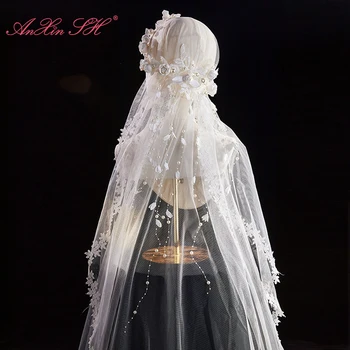 AnXin SH, винтажное кружево с белой розой, французская принцесса, бисероплетение, жемчуг, хрустальные свадебные вуали, старинное свадебное платье невесты, вуаль 6