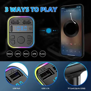 1 шт. Автомобильный Bluetooth 5.0 FM-передатчик PD Type-C, быстрое зарядное устройство с двумя USB 3.1A, Красочный рассеянный свет, Громкая связь, MP3-модулятор, плеер 8