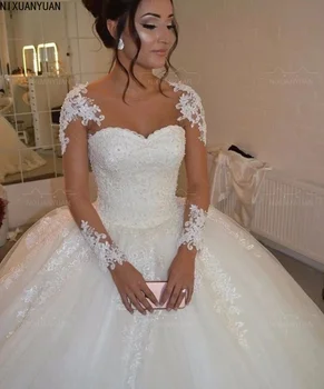 Бальное платье с длинными рукавами Свадебное платье 2023 Свадебное платье с кружевными аппликациями Vestido De Noiva Со шлейфом Robe De Mariee